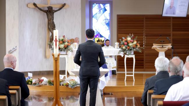 David Crisafulli leader of the opposition NLP, speaks at the State Funeral Service for Mike Ahern AO, at Our Lady of the Rosary Catholic Church, Caloundra, on Friday 25th August 2023 - Photo Steve Pohlner