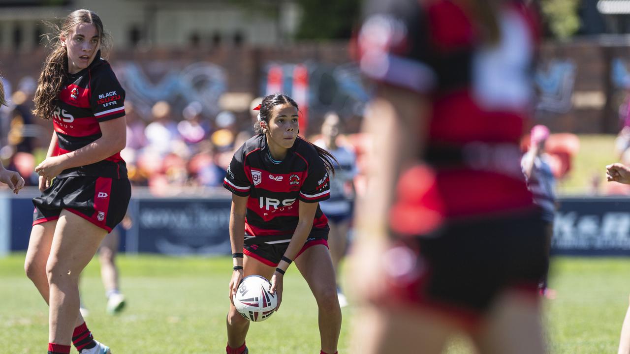 Valleys Mikaela Blades looks for a teammate during the 2024 under-15 girls Toowoomba Junior Rugby League. Picture: Kevin Farmer