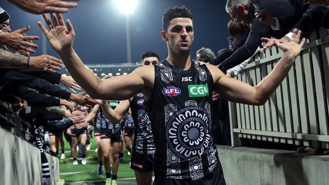 Scott Pendlebury in Collingwood’s Indigenous guernsey. ‘To enact meaningful change, we need to hear from First Nations peoples,’ the club said. Picture. Phil Hillyard