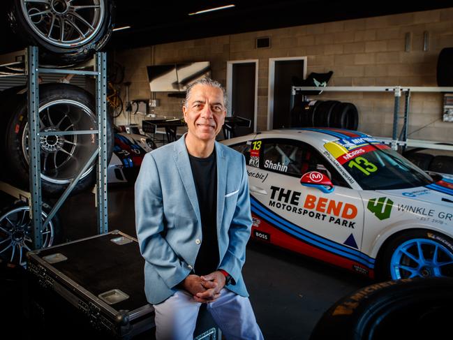 Dr Sam Shahin in his garage at the Shahin family’s Bend Motor Sport Park in Tailem Bend in 2022. Picture: Matt Turner