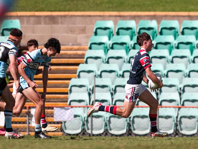 Roosters fullback Rex Bassingthwaighte breaks clear to set up the opening try. Picture: Adam Wrightson Photography.