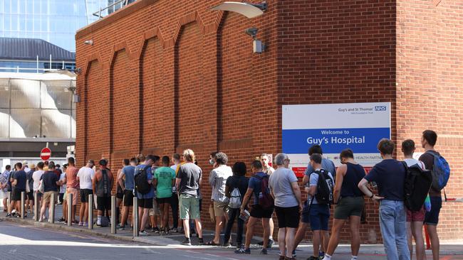 People line up to receive monkeypox vaccinations at Guys Hospital in London, England. Picture: Getty Images