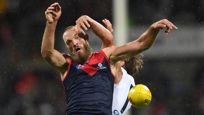 Max Gawn bounced back from a poor Round 1, but the Demons could not split the big sticks. Picture: AAP