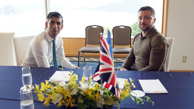 Britain's Prime Minister Rishi Sunak and Ukraine's President Volodymyr Zelensky meet during the G7 Leaders' Summit on Saturday. Picture: Pool / AFP