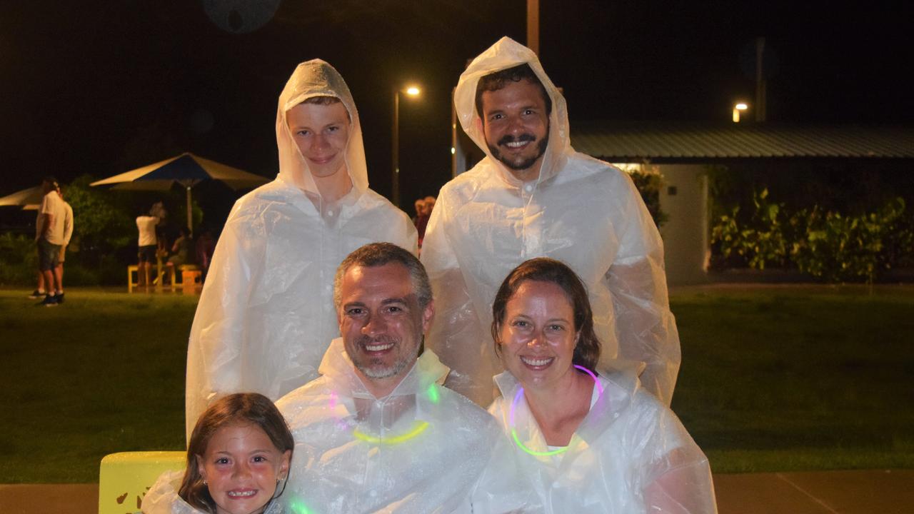 Petrus Eunke (12) and Marcius Bisbo (back) with Eva (7) and Christian Dunker and Suzan Isleb came prepared to New Year's celebrations in Airlie Beach. Picture: Laura Thomas