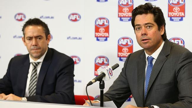 Simon Lethlean, left, and AFL chief Gillon McLachlan at a press conference. Picture: Robert Prezioso/Getty Images