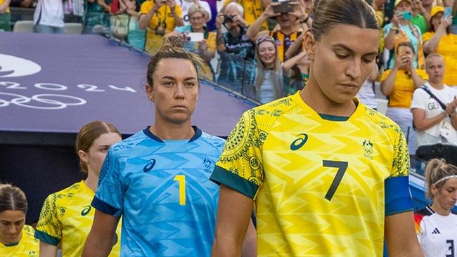 Steph Catley leads the Matildas out for the second half of there game against Germany. Paris 2024 Olympics.