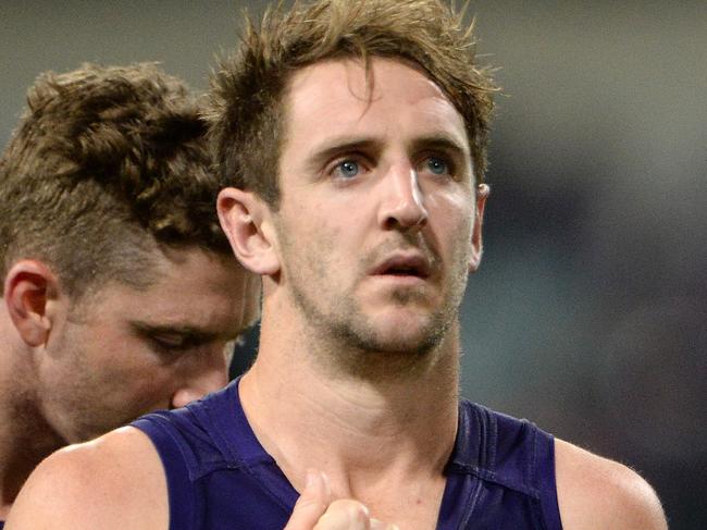 SPORT - AFL, Fremantle Dockers vs Greater Western Sydney Giants, Subiaco Oval, Perth. Photo by Daniel Wilkins. PICTURED- Fremantle's Michael Barlow can't hide his disappointment after the match