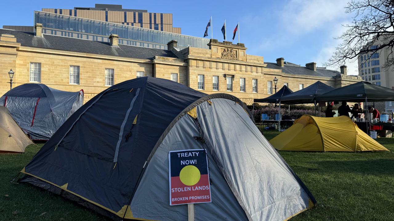 Tasmanian Aboriginal group has vowed to remain camped on Parliament Lawns in Hobart until Premier Jeremy Rockliff commits to legislating a treaty. Picture: Nikki Davis-Jones