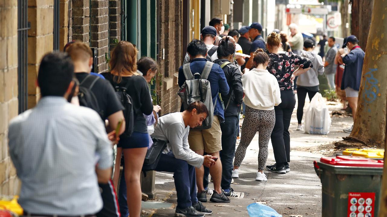 Lines outside Surry Hills, NSW, Centrelink in March as the COVID-19 pandemic caused massive job losses. Picture: Sam Ruttyn