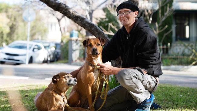 Soren Homme with Kimba and Warlock at the corner of The Boulevarde and Pigott St where he found bread with peanut butter laced with Ratsak. Picture: AAP Image/Monique Harmer