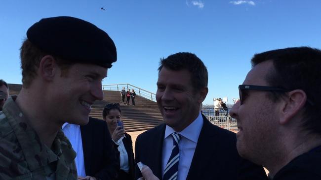 Prince Harry with NSW Premier Mike Baird and Kiis FM personality, intern Pete.