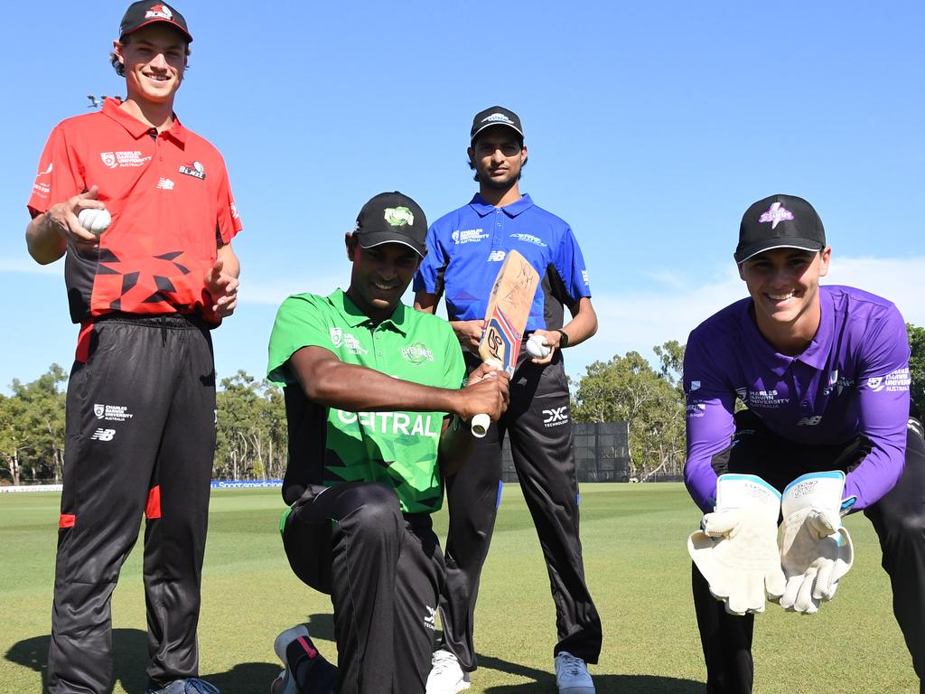 Strike League players Southern Storm Michael Kudra, City Cyclones Ash Chandrasinghe, Desert Blaze Sam Rahaley and Northern Tide Nivethan Radhakrishnan. Picture: (A)manda Parkinson