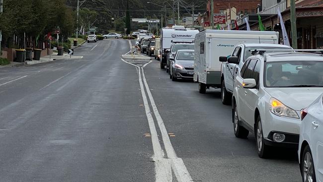 Traffic backed up in Pambula, southern NSW, on Thursday afternoon.