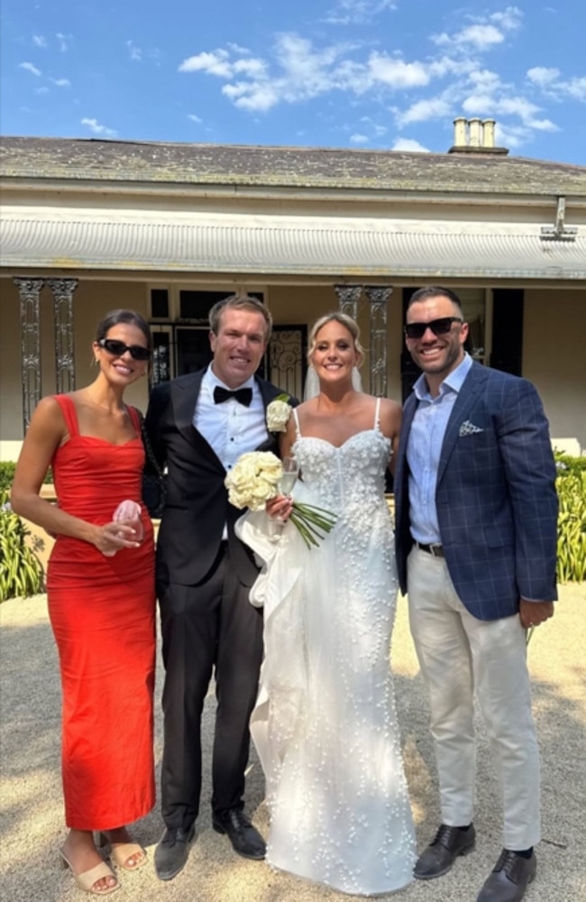 From left: Maria Glinelli (James Tedesco’s wife), Alix and Jake Trbojevic and James Tedesco at the wedding in the Hunter Valley. Picture: Instagram