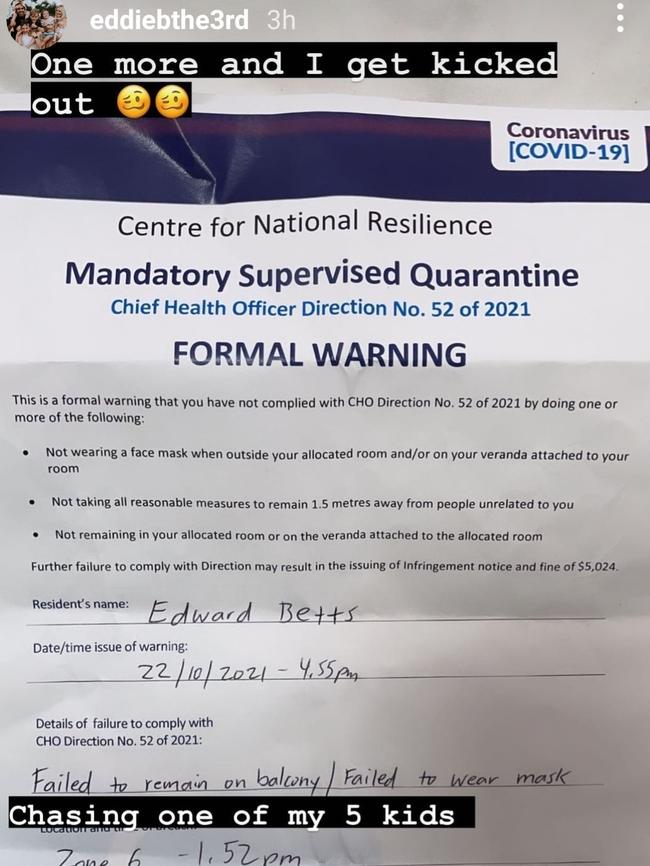 Eddie Betts' warning letter from Howard Springs. Picture: NT Football with Jackson Clark/ Facebook