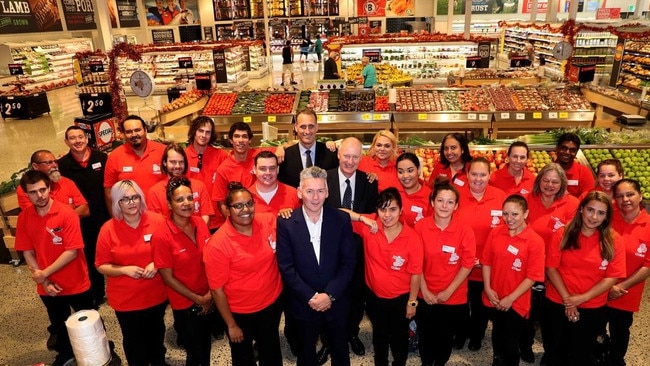 Former Wesfarmers managing director Richard Goyder, centre, with executives and Indigenous First Steps graduates. Picture: Colin Murty