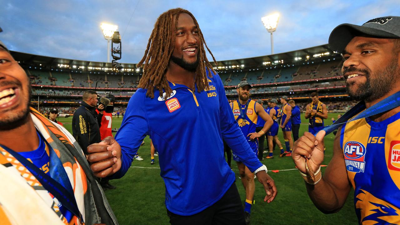 Nic Naitanui celebrates West Coast’s premiership win. Picture: Mark Stewart