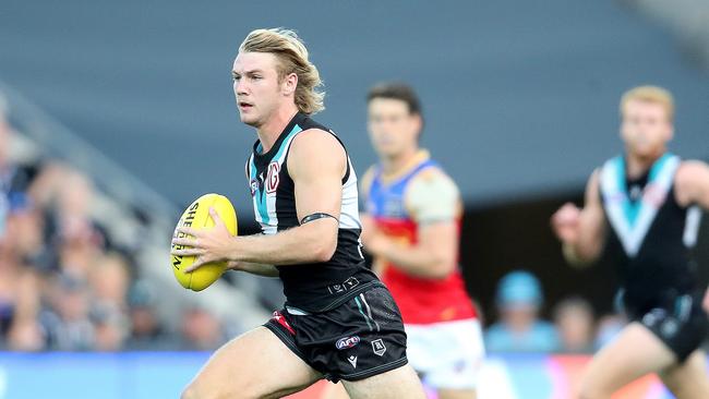 ADELAIDE, AUSTRALIA - MARCH 18: Jason Horne-Francis of the Power during the 2023 AFL Round 01 match between the Port Adelaide Power and the Brisbane Lions at Adelaide Oval on March 18, 2023 in Adelaide, Australia. (Photo by Sarah Reed/AFL Photos via Getty Images)