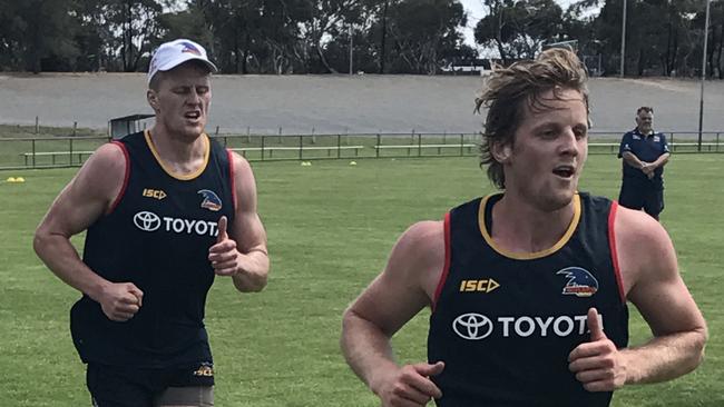 Adelaide Crow Reilly O'Brien paces new Crows co-captain Rory Sloane at Thebarton Oval. Picture: Supplied 