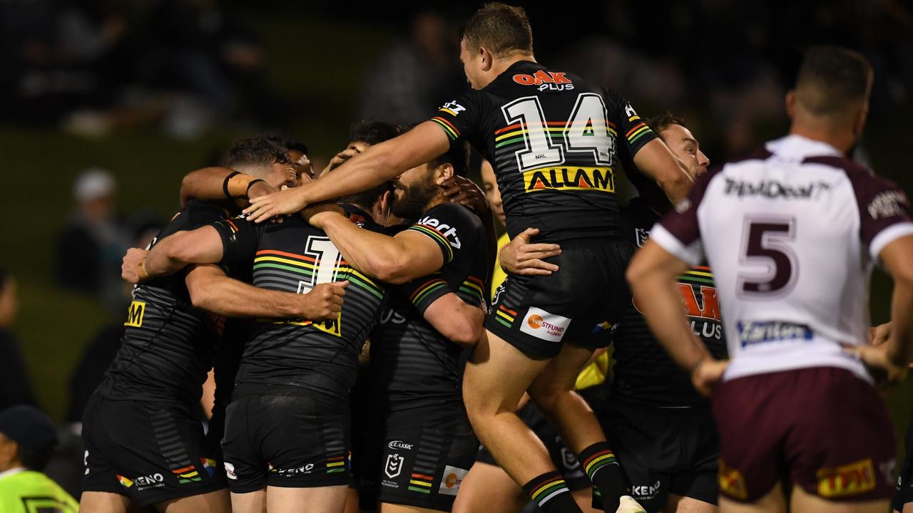 The Panthers celebrate Dylan Edwards try