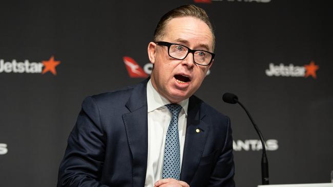 Alan Joyce discusses the Qantas Group’s full year results at the Qantas Head Quarters in Mascot last week. Picture: NCA NewsWire / Christian Gilles