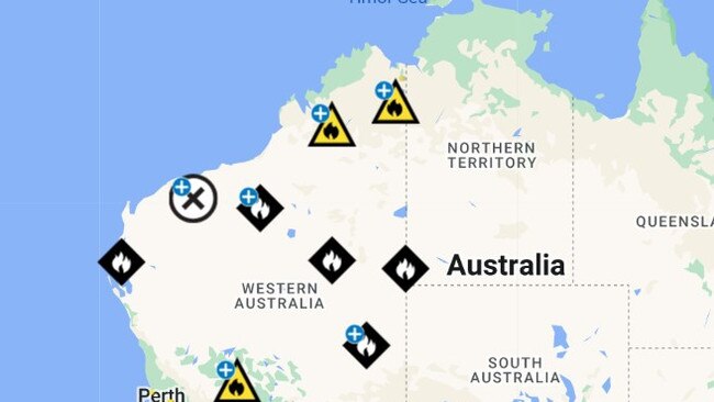 A map of bushfires burning across WA on Saturday. Picture: Supplied/DFES.