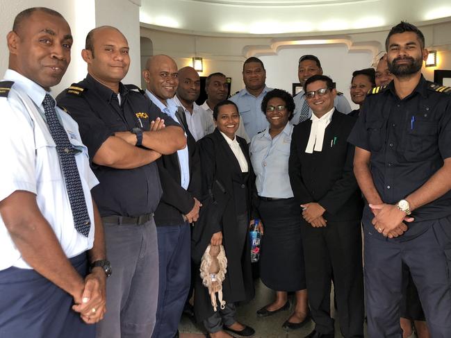 Mr. Fenton Williams (second from left) with the officers from the Fiji Revenue and Custom Service also with the prosecution lawyers after their day four of hearing for the Nikolic’s drug trial outside the Suva High Court. Picture: Varanisese Bolatagane