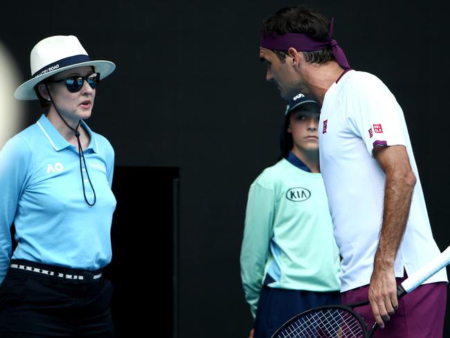 Roger Federer has words with a lines judge last year.