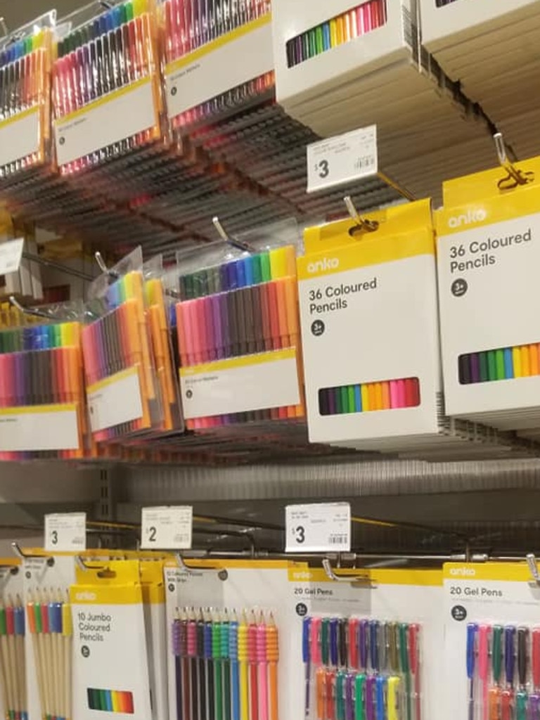 Kids’ stationery is colour-coded yellow, purple and pink. Picture: Kmart Hacks &amp; Decor