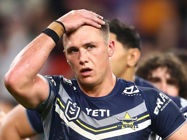 BRISBANE, AUSTRALIA - MARCH 29: Scott Drinkwater of the Cowboys looks on during the round four NRL match between Brisbane Broncos and North Queensland Cowboys at Suncorp Stadium, on March 29, 2024, in Brisbane, Australia. (Photo by Chris Hyde/Getty Images)