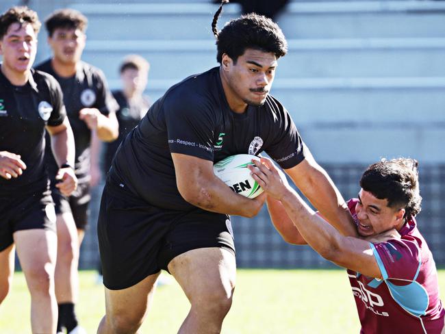 6/5/25 Hills SHS  (Marron and blue) v Central Coast SC (Black) in round 1 of Peter Mulholland Cup at Woy Woy Oval. Picture: Adam Yip