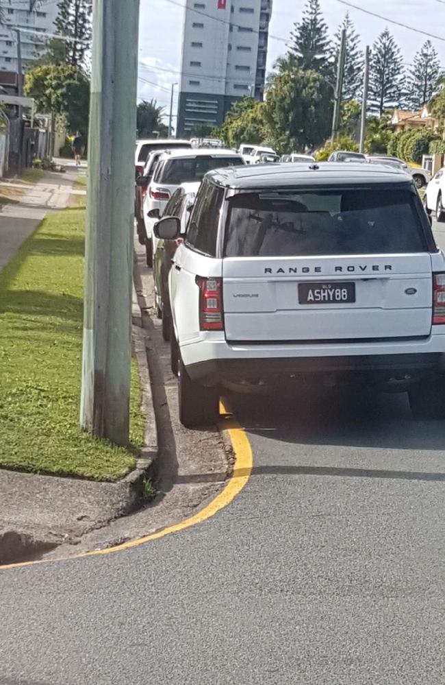 Ashy Bines' Range Rover spotted parked over a yellow line — another parking fail after she was caught out by her own video parking in a disabled parking space. Photo: Supplied