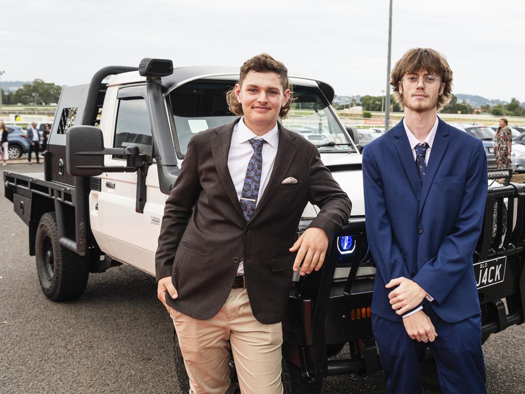 Graduate Liam Deeth (left) is partnered by Brock Timmers at The Industry School formal at Clifford Park Racecourse, Tuesday, November 12, 2024. Picture: Kevin Farmer