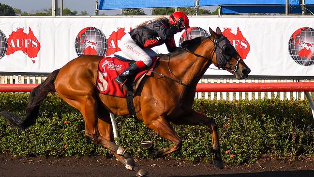 The Jason Manning trained Noir De Rue sprinted home to win the 2023 Chief Minister's Cup with jockey Vanessa Arnott aboard. Picture: Caroline Camilleri