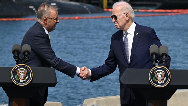 Anthony Albanese and US President Joe Biden during the AUKUS meeting in San Diego, California, this week. Picture: Getty Images