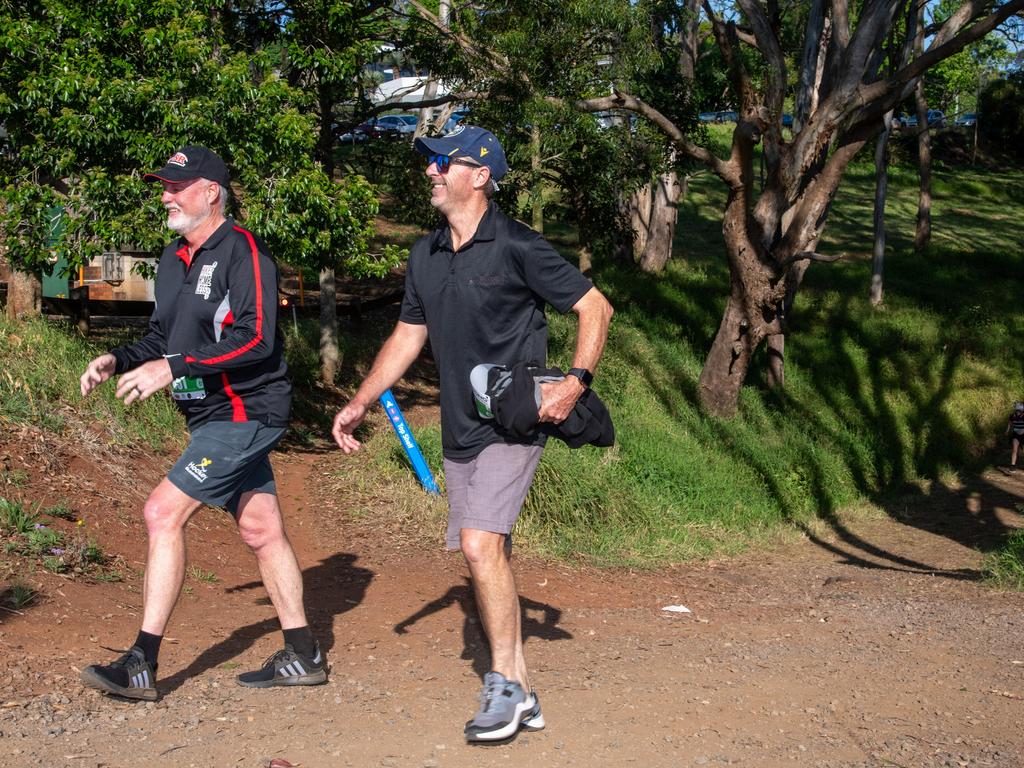 Darren Holmes (left) and Mark Nielsen complete the 5km hike.Hike for Homeless held at Jubilee Park. October 19th, 2024