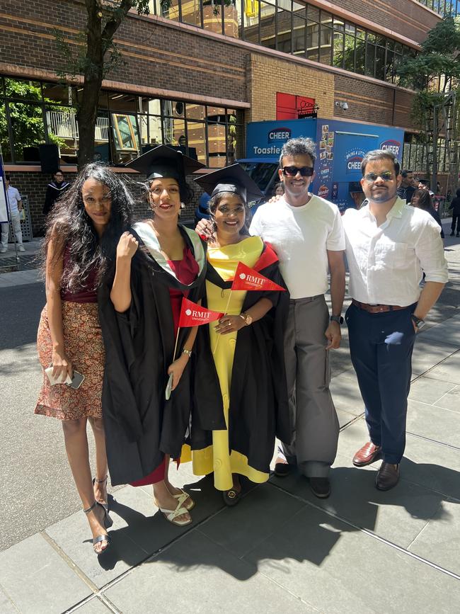 Samyuktha Sambasivam, Steffy George (MUD), Suvitha Muthukumar (MA), Vinoth Kumar and Indraneel Pangam at the RMIT University graduation day on Wednesday, December 18, 2024. Picture: Jack Colantuono