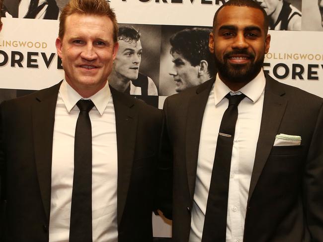 Collingwood coach Nathan Buckley and Heritier Lumumba. Picture: Julie Kiriacoudis