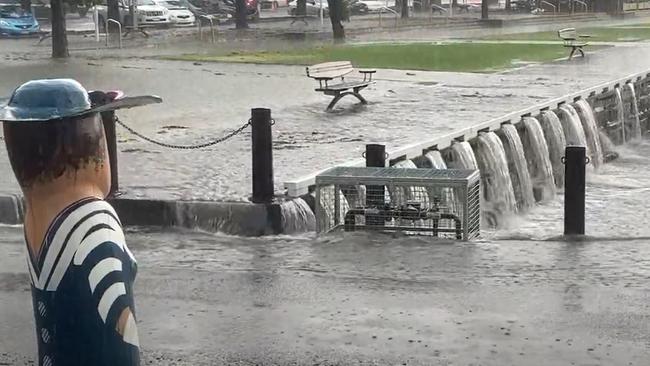 Flash flooding on the Geelong foreshore on Tuesday. Photo: Alan Barber.