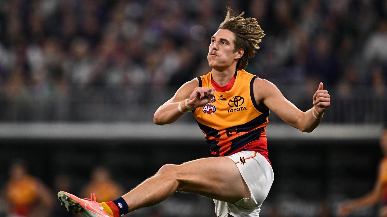 PERTH, AUSTRALIA - APRIL 25: Josh Worrell of the Crows kicks the ball during the 2025 AFL Round 07 match between the Fremantle Dockers and the Adelaide Crows at Optus Stadium on April 25, 2025 in Perth, Australia. (Photo by Daniel Carson/AFL Photos via Getty Images)
