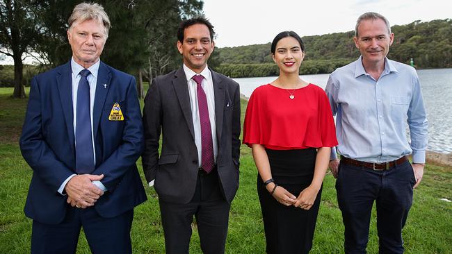 Banks candidates Reginald Wright (United Australia Party), Chris Gambian (Labor), Anjali Thakur (Animal Justice Party) and David Coleman (Liberal) at Revesby Beach, Picnic Point. Picture: Carmela Roche