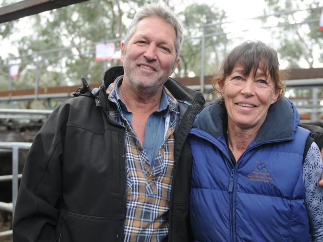 Colin Hall from Coolangubba in the Buckland Valley and Lyn Townsend from Bright, both sold cattle at the Myrtleford cattle sale. Picture: Fiona Myers