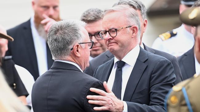 Anthony Albanese embraces Joel Fitzgibbon at the funeral of the former Labor defence minister’s son, Lance Corporal Jack Fitzgibbon. Picture: NCA NewsWire / Jeremy Piper