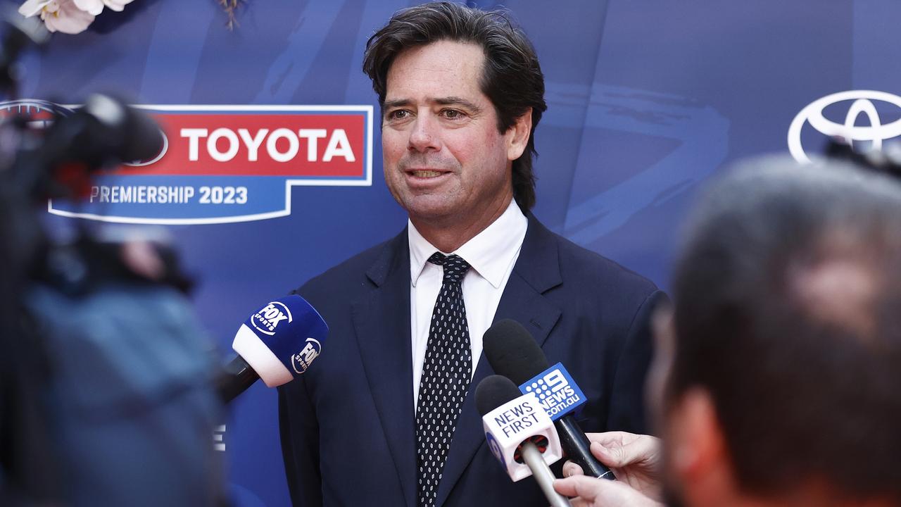 MELBOURNE, AUSTRALIA - MARCH 09: AFL CEO Gillon McLachlan speaks to media during the 2023 Toyota AFL Premiership Season Launch at Malthouse Theatre on March 09, 2023 in Melbourne, Australia. (Photo by Daniel Pockett/AFL Photos/Getty Images)