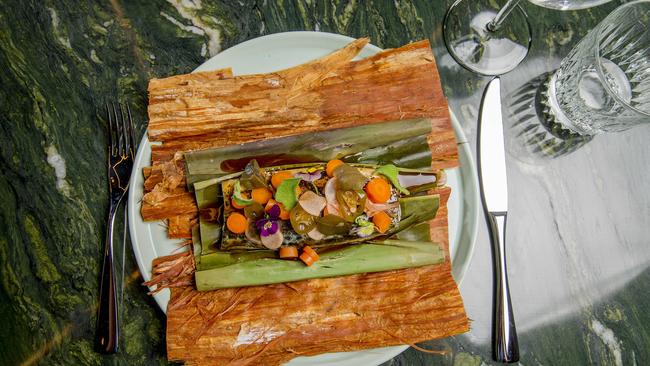 HOTA's new venue,  Palette restaurant. Nautical Seafood Watson's Leaping Bonito cooled in native ginger leaf.  Picture: Jerad Williams