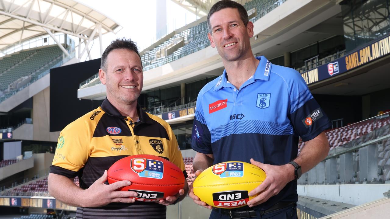 Glenelg coach Darren Reeves and Sturt coach Martin Mattner at the 2023 Grand Final press conference at Adelaide Oval in Adelaide, Tuesday, September 19, 2023. (SANFL Image/David Mariuz)