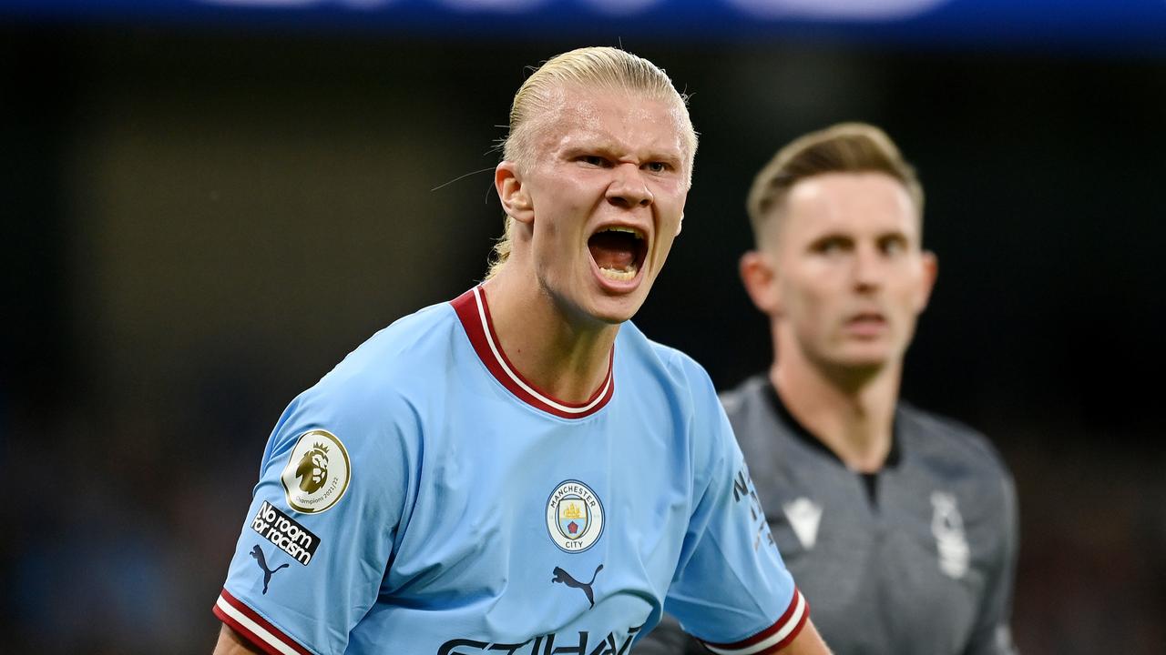 MANCHESTER, ENGLAND - AUGUST 31: Erling Haaland of Manchester City celebrates after scoring their team's third goal during the Premier League match between Manchester City and Nottingham Forest at Etihad Stadium on August 31, 2022 in Manchester, England. (Photo by Michael Regan/Getty Images)