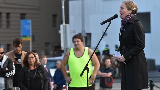 A speaker addresses the Reignite Protest crowd. Picture: Jason Edwards