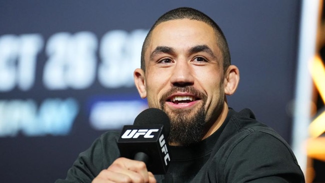 ABU DHABI, UNITED ARAB EMIRATES - OCTOBER 24: Robert Whittaker of New Zealand is seen on stage during the UFC 308 press conference at Etihad Arena on October 24, 2024 in Abu Dhabi, United Arab Emirates.  (Photo by Chris Unger/Zuffa LLC)